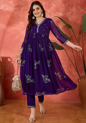Purple Embroidered Georgette Anarkali With Dupatta