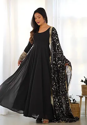 Black Zari Embroidered Georgette Anarkali With Dupatta