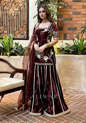 Maroon Embroidered Velvet Salwar Kameez