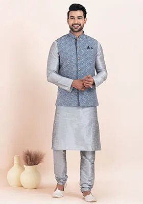 Grey Solid Silk Kurta Set For Men