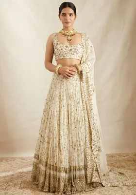 White Embroidered Georgette Lehenga Set With Dupatta