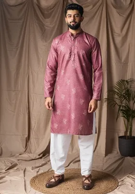 Mauve Printed Linen Kurta For Men