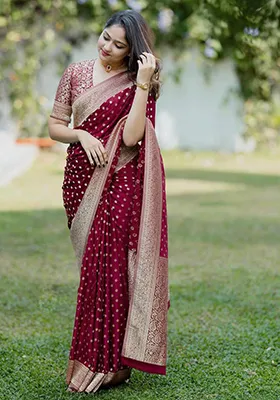 Maroon Printed Blended Silk Saree Set