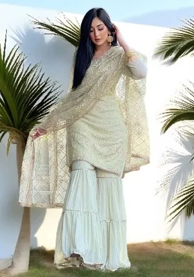 Pista Green Embroidered Georgette Kurta Sharara Set