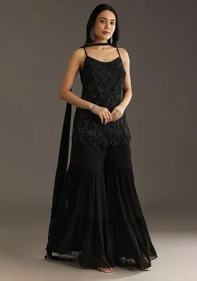 Black Zari Sequence Embroidery Georgette Kurta Set With Dupatta