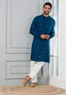 Blue Embroidery Silk Kurta Pyjama Set For Men