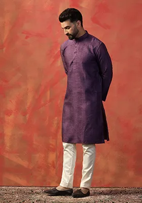 Purple Embroidered Cotton Kurta For Men