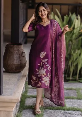 Purple Floral Print Silk Kurta