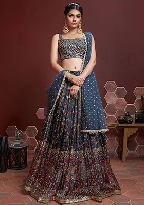 Blue Digital Print Chinon Lehenga Set