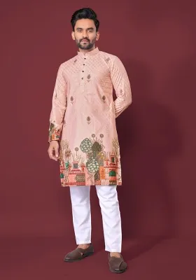 Pink Embroidered Cotton Kurta With Pyjama For Men