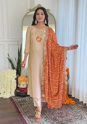 Cream Embroidered Viscose Kurta Set With Dupatta