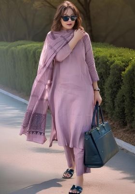 Pink Solid Cotton Kurta Set