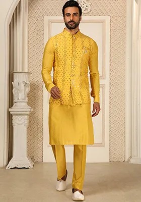 Yellow Sequence Embroidered Silk Kurta Set For Men