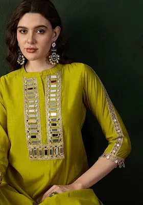 Yellow Embellished Mirror Work Roman Silk Tunic With Dhoti Pant