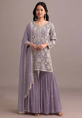 Purple Embroidered Georgette Sharara Set With Dupatta