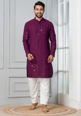Purple Embroidery Silk Kurta For Men