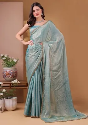 Light Rama Green Handwork Lace Fendy Chiffon Saree Set