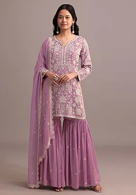 Pink Embroidered Georgette Sharara Set With Dupatta
