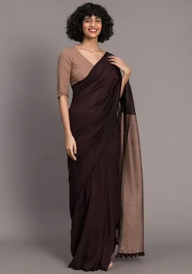 Brown Weaving Khadi Cotton Saree Set