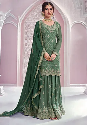 Green Sequin Embroidered Chinon Sharara Set