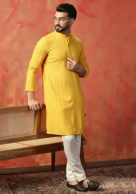 Yellow Embroidered Cotton Kurta Set For Men