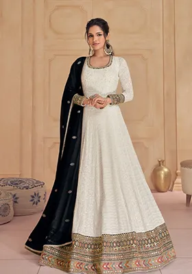 Cream Zari Embroidered Georgette Anarkali With Dupatta