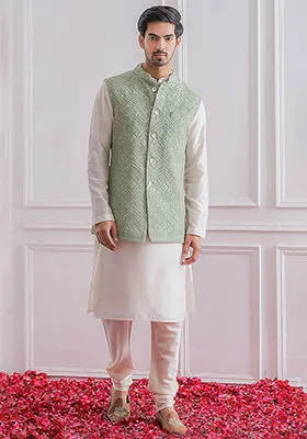 Pista Green And White Sequence Embroidered Silk Kurta Set For Men