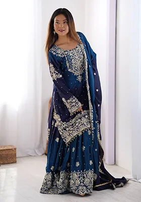 Blue Embroidered Chinon Silk Palazzo Set With Dupatta