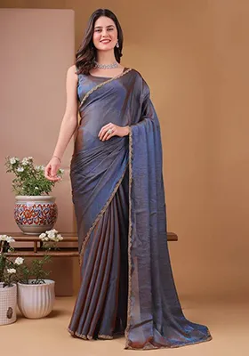 Shiny Blue Handwork Lace Fendy Chiffon Saree Set