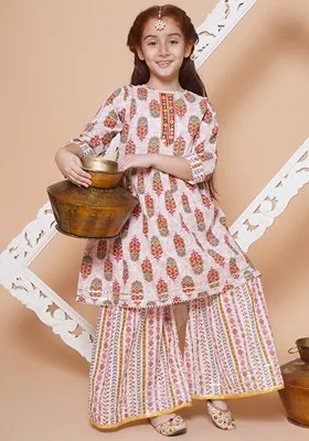 Pink Printed Cotton Kurta Set For Girls