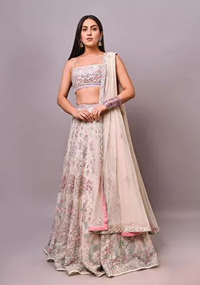 Off White Embroidered Georgette  Lehenga Set
