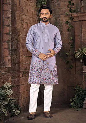 Purple Multi Thread Work Silk Kurta For Men