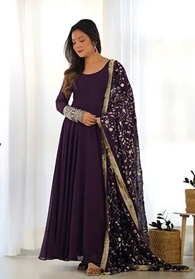 Purple Zari Embroidered Georgette Anarkali With Dupatta