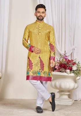 Yellow Printed Silk Kurta For Men