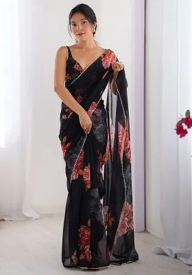 Black Embroidery Silk Saree Set