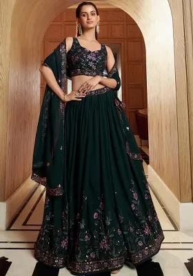 Dark Greren Embroidered Blended Lehenga Set