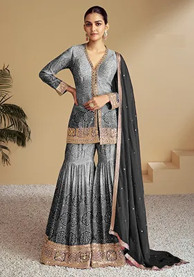 Grey Embroidered Silk Kurta Set