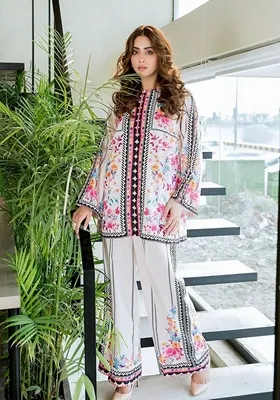 White Digital Printed Silk Co ord Set