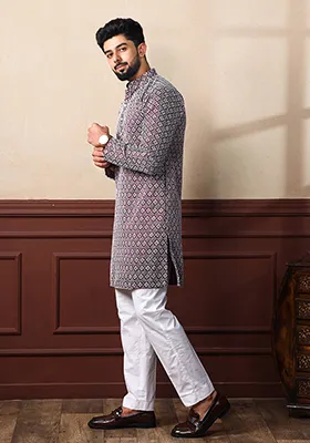 Wine Embroidered Art Silk Kurta Set For Men
