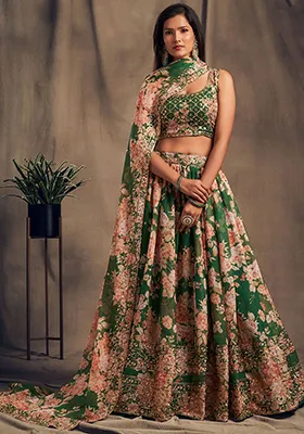 Green Floral Print Organza Lehenga Set