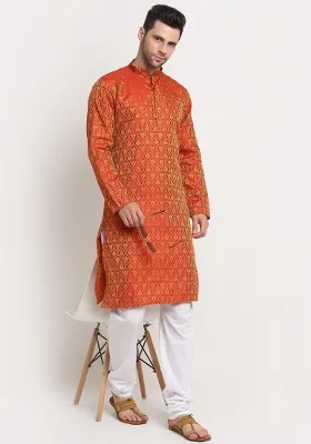 Red Woven Design Silk Blend Kurta For Men