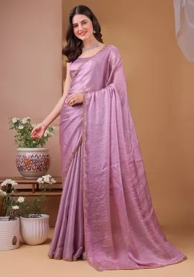 Purple Handwork Lace Fendy Chiffon Saree Set