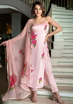 Peach Floral Print Poly Blend Salwar Kameez With Dupatta