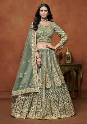 Light Green Embroidered Net Lehenga Set