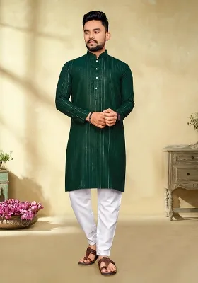 Bottle Green Slub Cotton Silver Weaving Mens Kurta Pyjama For Men