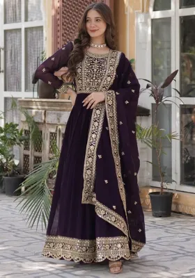 Wine Embroidered Faux Anarkali With Dupatta