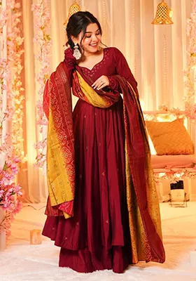 Maroon Embroidered Silk Anarkali With Dupatta