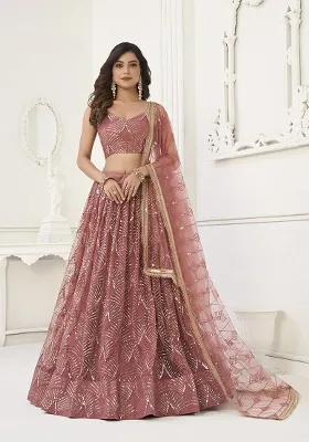 Dusty Onion Pink Embroidery Net Lehenga Set