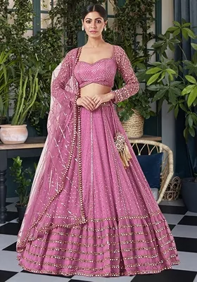 Pink Sequin Thread Embroidered Faux Georgette Lehenga Set