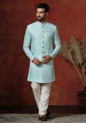 Sky Blue Printed Cotton Blend Sherwani Pyjama Set For Men